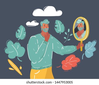 Cartoon vector illustration of positive person looking at his own reflection in the mirror. Mirror shows handsome face. Self Love, Confidence and Concept. Human face on dark.