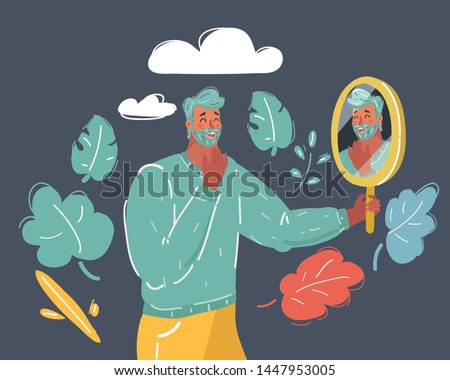 Cartoon vector illustration of positive person looking at his own reflection in the mirror. Mirror shows handsome face. Self Love, Confidence and Concept. Human face on dark.