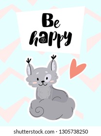 Cartoon vector illustration. Postcard with gray cat