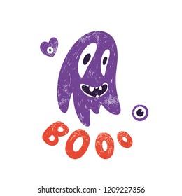 Cartoon vector illustration, postcard for Happy Halloween. Modern and stylish hand drawn lettering with ghost, boo, heart. Quote. Horror. Boo. Text banner or background for Halloween Party Night