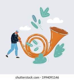 Cartoon vector illustration of postman with big giant Posthorn