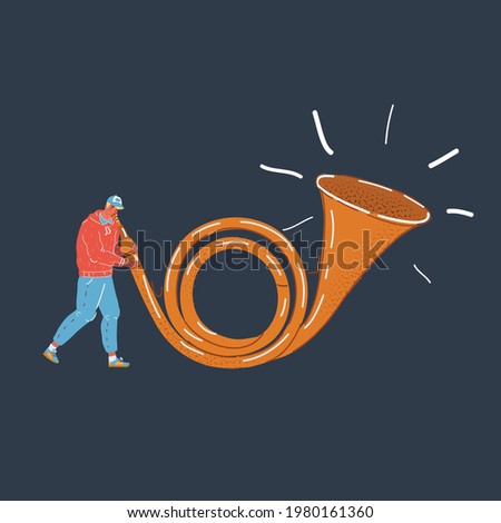 Cartoon vector illustration of Postman play on mail horn on dark background.