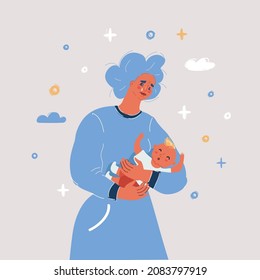 Cartoon vector illustration of postpartum depression tired woman with baby on her hand.