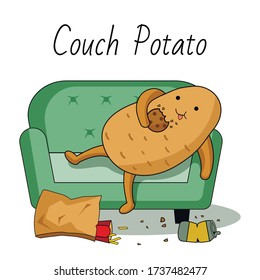 Cartoon vector illustration.  A potato  lying on a couch and eating fast food