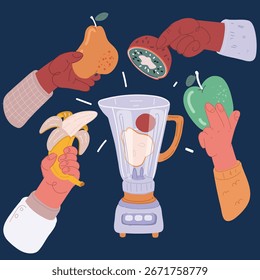 Ilustração de vetor de desenhos animados de Prepare com um liquidificador. Misture a comida com um liquidificador. Puré de frutas e mel.