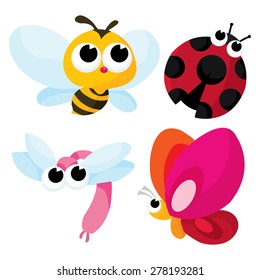 A cartoon vector illustration of pretty cute little bugs like honey bee, dragonfly, butterfly and ladybug.