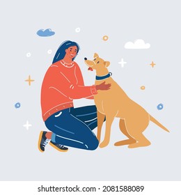 Cartoon vector illustration of pretty girl pet her dog