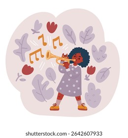 Cartoon vector illustration of pretty little girl with a black jacket plays the trumpet