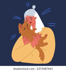 Cartoon vector illustration of Pretty woman hug her cat Loving domestic pets and cat person concept over dark background