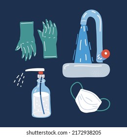 Cartoon vector illustration Prevention set. Rubber gloves, medical mask. Bottle of antiseptic spray. Disinfectant concept. Coronavirus protection. Hand washing water with soapover on dark backround