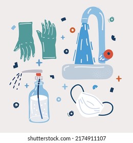 Cartoon, Vektorgrafik des Präventionssets. Gummihandschuhe, medizinische Maske, Flasche antiseptisches Spray. Wasserhahn zum Händewaschen mit Seife.
