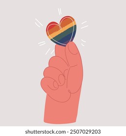 Cartoon vector illustration of Pride Month collage concept. Hands holding flags and shows different gestures. Cut out paper elements for decoration of LGBT events.