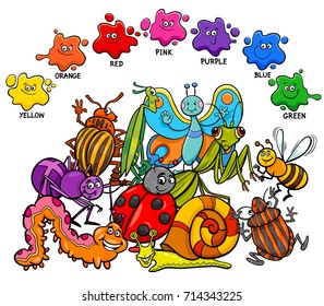 Cartoon Vector Illustration of Primary Basic Colors Educational Page for Children with Insects Animal Characters