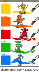 Cartoon Vector Illustration of Primary Colors with Robot Characters Educational Set for Preschool Children