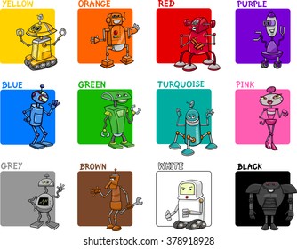 Cartoon Vector Illustration of Primary Colors with Fantasy Robots Educational Set for Preschool Children