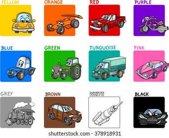 Cartoon Vector Illustration of Primary Colors with Transportation Vehicles Educational Set for Preschool Children