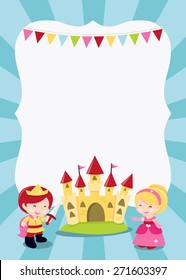 A cartoon vector illustration of a princesses, prince and knight party theme blank copy space. Ideal for party invitations, kids' poster and more. 