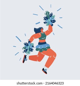 Cartoon vector illustration of professional cheerleader. Woman dancing and jumping