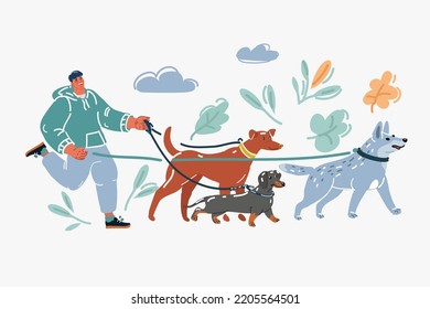 Cartoon Vector Illustration Of Professional Dog Walker Or Pet Sitter Walking A Pack Of Cute Different Breed Dogs