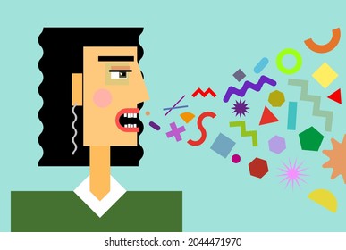 Cartoon vector illustration. Profile portrait of a girl with black wavy hair. Screaming woman character. Multicolored geometric shapes as a scream or as a breath with bacteria and viruses.