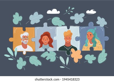 Cartoon vector illustration of project team with puzzles, jigsaw. People face avatars. Man and woman get together. Female and male characters on dark.