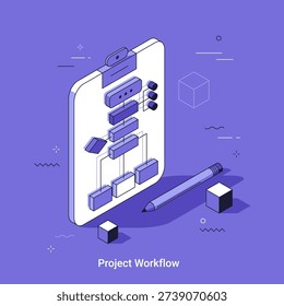 Cartoon vector illustration. Project workflow visualization on clipboard. Business diagram and process flowchart. Task management and organizational planning in thin line isometric style.