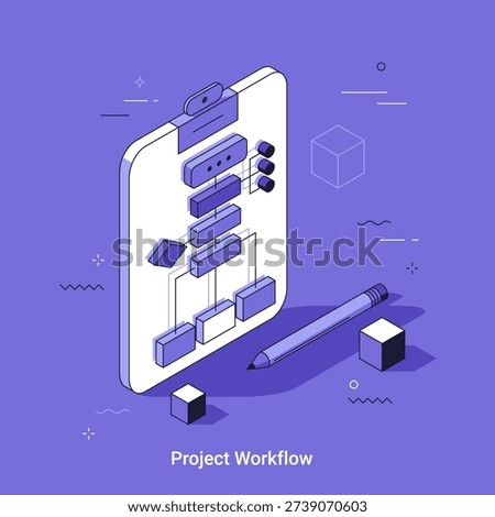 Cartoon vector illustration. Project workflow visualization on clipboard. Business diagram and process flowchart. Task management and organizational planning in thin line isometric style.