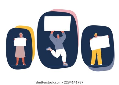 Cartoon vector illustration of Protest. People crowd holding blank banners, manifesting activists demonstrating empty signs. Man and women holding blank banners over dark background