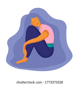 Cartoon vector illustration of psychological concept. Sad lonely woman in depression with long beautiful hair. Young unhappy girl sitting and hugging her knees. Depressed teenager. Isolated on white.