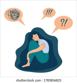 Dibujo vectorial de caricatura de concepto psicológico. Triste mujer solitaria en depresión con el pelo largo y hermoso. Jovencita infeliz con pensamientos desconcertados en su mente, sentada y abrazada sus rodillas.