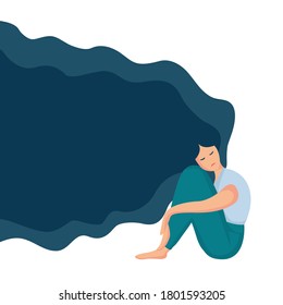 Cartoon vector illustration of psychological concept. Sad lonely woman in depression with long beautiful hair. Young unhappy girl sitting and hugging her knees. Depressed teenager. Isolated on white.