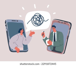 Cartoon vector illustration of Psychological counseling concept. Online psychological assistance service using by phone