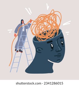 Cartoon vector illustration of Psychology, Psychotherapy and mental health care concept. . Woman patient untangle tangled thread in big human head. Therapy concept.