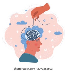 Cartoon vector illustration of Psychotherapy session. Head with the tangled thread inside is unraveled by hand