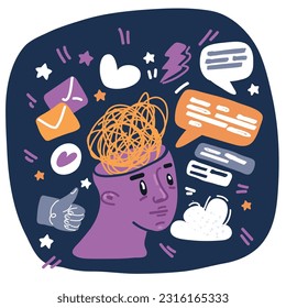 Cartoon vector illustration of Psychotherapy session. Head with the tangled thread inside is unraveled by hand over dark background