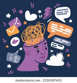 Cartoon, Vektorgrafik der Psychotherapie-Sitzung. Kopf mit gezwirntem Faden im Inneren ist enthravelt auf dunklem Hintergrund