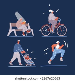 Cartoon vector illustration of Public park with people. Father walking with baby carriage, women riding bike, running jogging and reading book on the bench over dark backrground