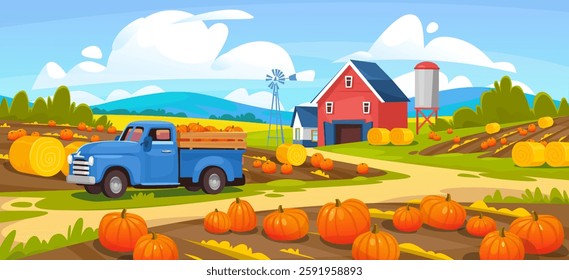 Cartoon vector illustration with pumpkin farm during harvest season. Thanksgiving fall harvest concept. Rural countryside landscape design with a red barn, blue truck, silos, and a distant windmill.