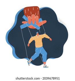 Cartoon, Vektorgrafik der Marionettensteuerung mit großer Hand. Mann in Abhängigkeit Konzept auf dunklem Hintergrund.