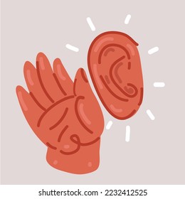 Cartoon vector illustration of putting hand to ear. Hearing concept