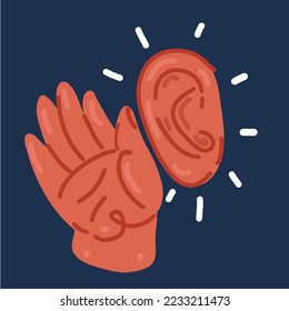 Cartoon vector illustration of putting hand to ear. Hearing concept over dark background