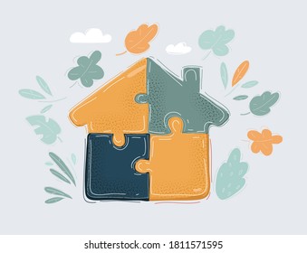 Cartoon vector illustration of puzzle of a house on white background.