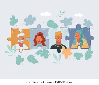Cartoon vector illustration of puzzle jigsaw and people in team of family. Face icon on pieces put together.
