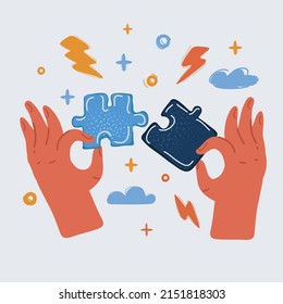 Cartoon vector illustration of puzzle part holding in hands.