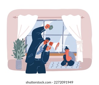 Cartoon vector illustration of Quarrel of the husband with the wife. Evel man shout in megaphone