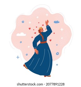 Cartoon vector illustration of queen in blue dress dancing
