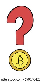 Cartoon vector illustration of question mark with bitcoin coin. Colored and black outlines.
