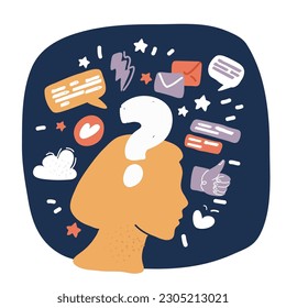 Cartoon vector illustration of Question mark in head symbol. Education and innovation concept over dark background