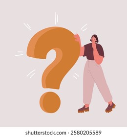 Cartoon vector illustration of question mark. Woman thinking over problem solution, searching answers. Big, main question