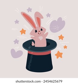 Cartoon vector illustration of rabbit appear from the magic hat and magic